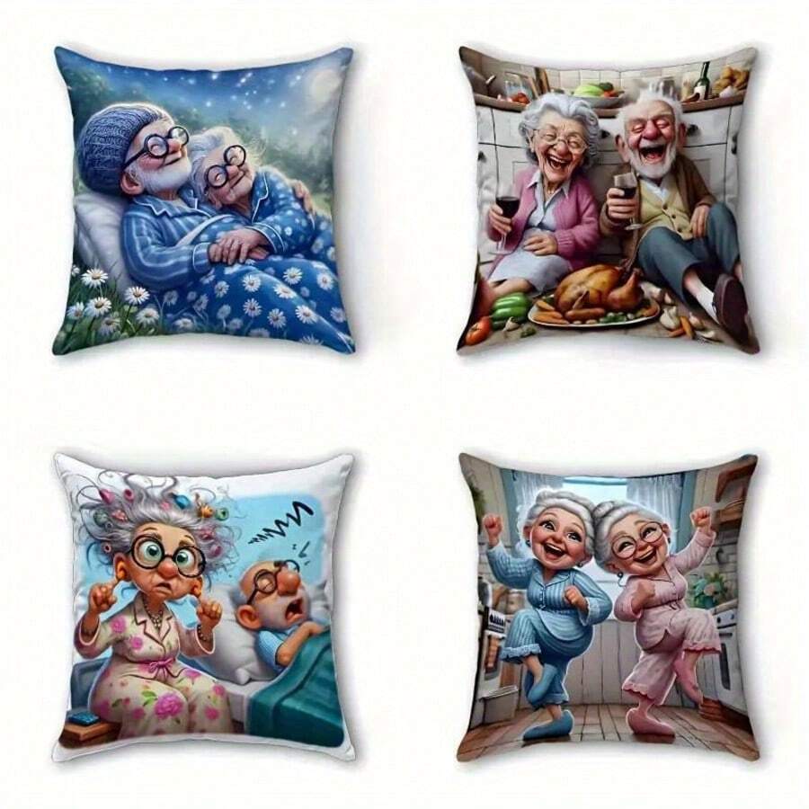 4 款幽默奶奶爷爷枕套，适用于客厅、卧室或厨房装饰，客厅装饰单面无枕芯