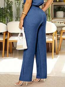 Celana Panjang Wanita Kasual Elegan dengan Saku Miring dan Detail Kancing, Cocok untuk Beraktivitas di Musim Semi - Denim Biru - View 4