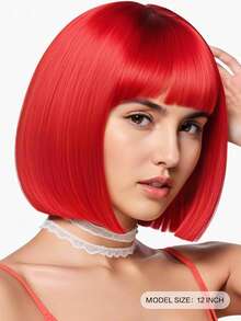 Stylish Red Bob Wig With Bangs - Short Straight Cosplay Wig For Halloween Parties, Versatile For All Ethnicities, Costume Hairpiece Versatile Wig Stylish Bangs, Wig Accessories - Red - View 5