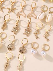 26 piezas Conjunto de aretes para niñas con estrellas de mar, conchas marinas y perlas - Dorado - Ver 4