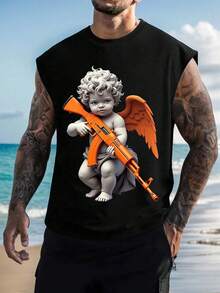 男士时尚天使印花无袖背心，夏季休闲薄款 - 黑色 - 查看 1