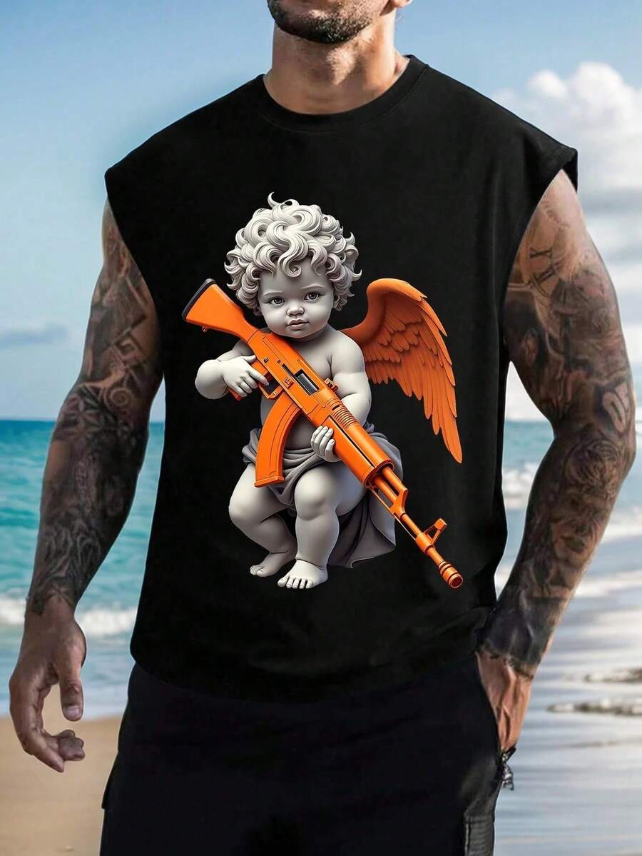 男士时尚天使印花无袖背心，夏季休闲薄款 - 黑色 - 查看 1