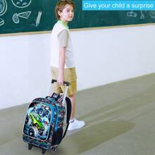 3PCS Car Rolling Bookbag For Boys, Kids School Backpack With Wheels, UV Printed Roller Wheeled Bookbag Set With Lunch Box