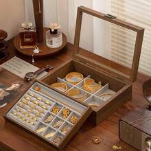 1pc Double Layer Vintage Wooden Jewelry Box, Flip Lid Clear Tabletop Organizer For Necklaces, Earrings, And Accessories, Fabric Lined, Multipurpose Rectangle Shape Single-Layer Storage Box For Women Storage Organizer Travel Essentials Back To School Dormitory Storage