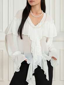 Chiffon Blouses For Women Long Sleeve Shirts Boho Beach Blouse Solid Color Ruffles V-Neck Loose Casual Top Flowy Coquette Top Spring Streetwear Shopping Party Commute Office Dating Wear - trắng - Xem 4