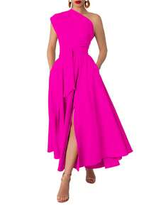 Plus Size Women's Solid Color Asymmetric Waist Twist Ruched Elegant Dress - Hot Pink - View 5