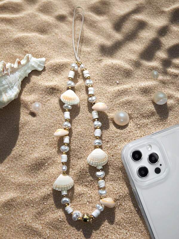 1 pièce Chaîne de téléphone portable en argile souple de style vacances d'été avec coquillage et faux perle, dragonne pour smartphone