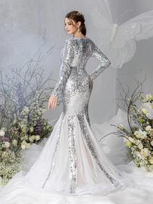 Faeriesty Dressalisa luxuriöses Umstandsabendkleid mit langen Ärmeln, V-Ausschnitt, Pailletten-Netzstoff für Schwangerschaftsfotos, Baby-Shower, Brautporträts, formelle Galas, Preisverleihungen - Silber - Übersicht 3