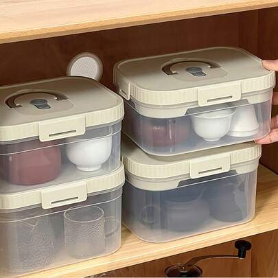 1 件透明塑料茶具收纳盒带沥水盘，多功能大容量可堆叠桌面收纳盒，适用于茶杯和茶壶，便携式密封防尘收纳盒，适用于家庭、客厅和办公室