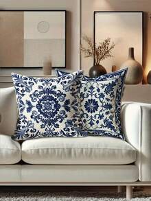 1/4pcs Bohemian Blue And White Floral Throw Pillow Covers, Modern Style, Polyester Single Side Print, Zipper Closure, Machine Washable, Polyester Decorative Cushion Cover, Suitable For Living Room, Bedroom, Sofa, (Pillow Core Not Included),Fall Decor,Autumn Decor,Room Decor - Blue - View 2