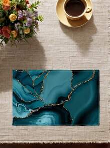 4 Pcs Marble Style Placemat Set Heat Resistant Non-Slip Burlap Table Mats Colors Comes In Abstract Blue Teal Turquoise And Gold Dining Room Decor Party Table Kitchen Decor