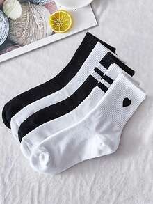 5 Pairs Striped, Solid Color, And Heart Print Athletic Socks - Multicolor - View 3