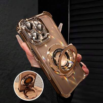 MewTrek 奢华电镀透明金色手机壳，带磁吸指环支架，防震防摔，采用柔软硅胶材质，兼容 16/16E/16 Pro/16 Pro Max/16 Plus/15/14/13/12/11/X/XS/XR/8/7、Galaxy S25/S24/S23/S22/S21/A55/A54/A53/A52/A35/A34/A23/A16/A15/A14/A13/A12/A05S/FE/Ultra/4G/5G，以及荣耀/摩托罗拉等品牌，国际版，非国内版。