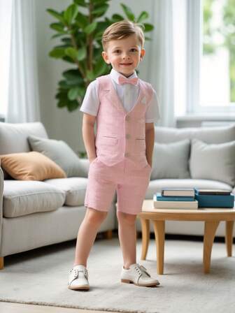 3pcs Kid's Lightweight Formal Suit Set, Waistcoat + Shorts + Bowtie, Summer Wedding Pageant Outfit