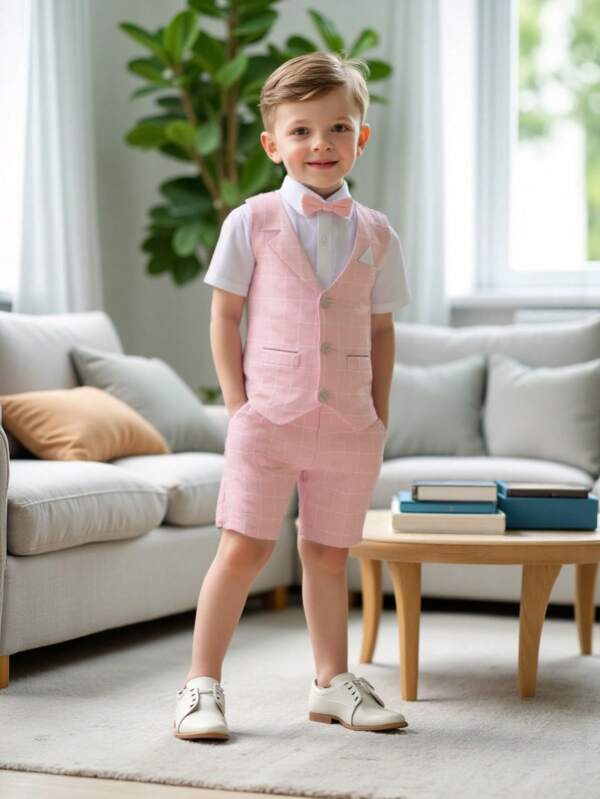 3 pièces Ensemble de costume formel léger pour enfants, gilet + shorts + nœud papillon, tenue de mariage d'été et de cérémonie