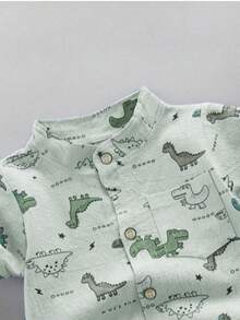 Toddler Cartoon Dinosaur All-Over Print Short Sleeve Stand Collar Shirt & Shorts Set, Summer - Mint Green - View 3