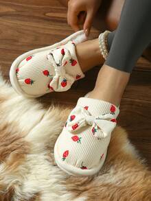 Strawberry & Bow Decor Plush Home Slippers, Suitable For Indoor Office Wear All Seasons - Beige - View 4