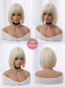 1 Synthetic Heat-Resistant Wig, White Gold Short Wig With Bangs, 10 Inches Long, Fully Machine Woven, Natural And Realistic Wig For Daily Use