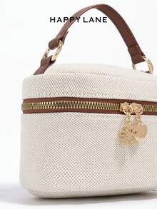 HAPPY LANE 女士斜纹软羊毛链条单肩包，经典设计师手提包，优雅珍珠手柄斜挎包，百搭款式，适合购物、休闲、工作和晚间场合。 - 棕色 - 查看 3