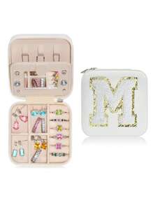 1pc Portable Travel Jewelry Box, Custom Lettered (A-Z) Organizer, Multi-Layer Jewelry Case With Mirror And Makeup Brush Holder, Suitable For Rings, Necklaces For Women Storage Organizer Travel Essentials Back To School Dormitory Storage