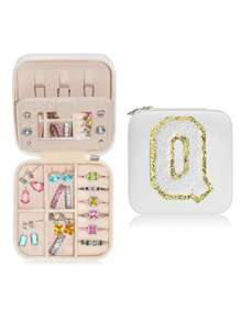 1pc Portable Travel Jewelry Box, Custom Lettered (A-Z) Organizer, Multi-Layer Jewelry Case With Mirror And Makeup Brush Holder, Suitable For Rings, Necklaces For Women Storage Organizer Travel Essentials Back To School Dormitory Storage