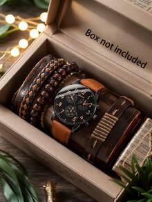 4 Pieces/Set Stylish Brown Casual Quartz Men's Watch Set, Suitable For Daily Wear, Ideal Gift For Holidays - Black - View 1