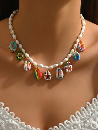 1pc Elegant Fashion Women's Summer Ocean Elements Bohemian Jewel Necklace - Includes Gold Starfish, Colorful Shells, Shells, Gold Small Fish, Seahorses, Red Lobsters, Mermaids, Multiple Options, Random Small Beads, Small Stones, Glass -Encrusted Starfish, Faux Pearl-Encrusted Shells, Shells, Gold-Plated Chain, Multiple Delicate Beach Resort Party Necklace Designs With Shells And Small Beads, Varying Sizes And Colors
