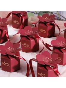 50pcs Creative Hexagonal Floral Wedding Candy Box, Gift Box For Party, Cookie Packaging, Wedding Favors With Ribbons - Burgundy - View 2