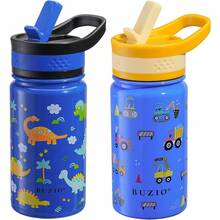 2 Pack Insulated Kids Water Bottle,  14oz Stainless Steel Water Bottles With  Straw Lid, -FREE Lead-Free Double Wall Leak Proof Drink Cups Flask For School (Blue Car +Blue Dinosaur) - 藍/藍 - 查看 1