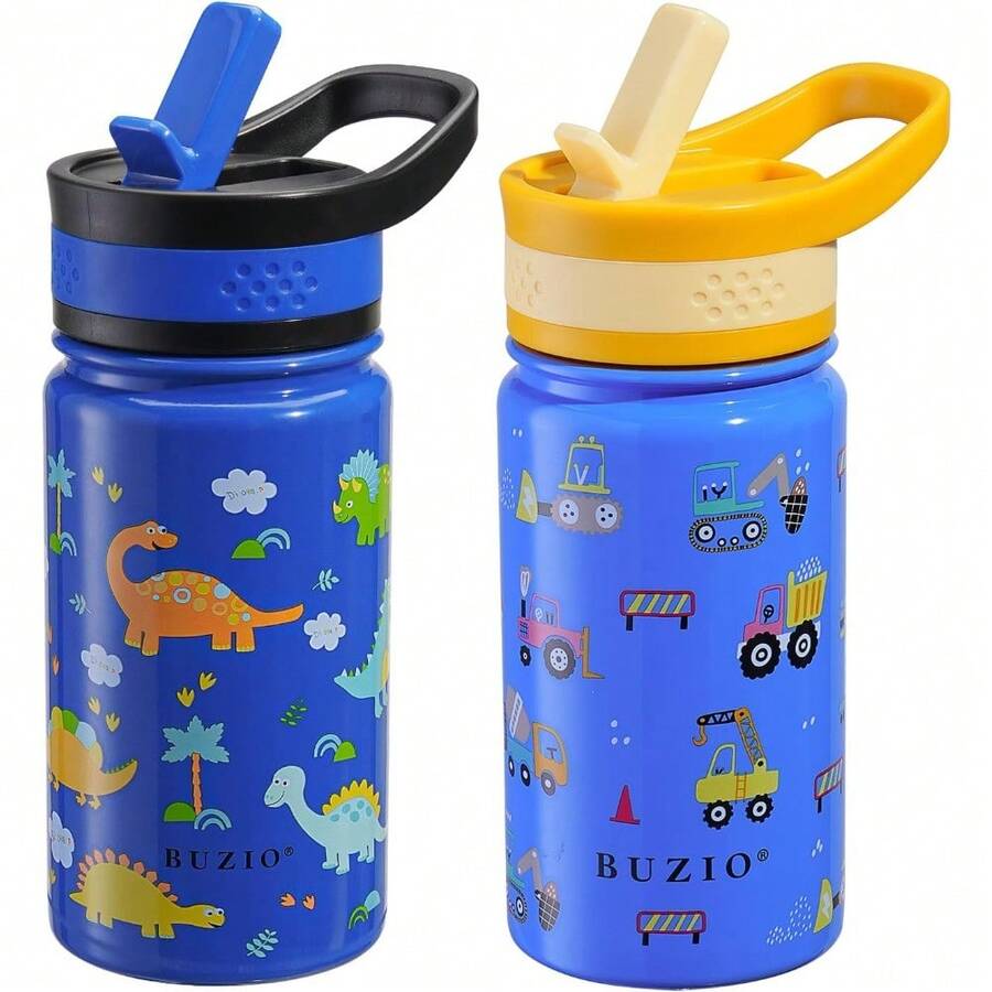 2 Pack Insulated Kids Water Bottle, 14oz Stainless Steel Water Bottles With Straw Lid, -FREE Lead-Free Double Wall Leak Proof Drink Cups Flask For School (Blue Car +Blue Dinosaur) - 藍/藍 - 查看 1