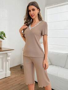 Women Lace Trim Color Block Short Sleeve Top & Shorts Pajama Set, Suitable For Spring, Summer - Khaki - View 4