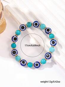 1pc Stylish & Elegant Black Obsidian Acrylic Devil's Eye Beaded Elastic Bracelet For Women, Suitable For Daily Wear