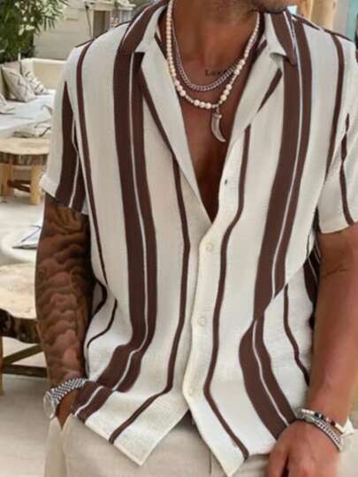 2025 Men's Casual Relaxed Summer Beach Striped Colorblock Shirt, Short Sleeve