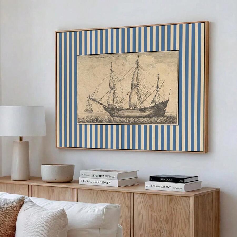 1pc Framed/Unframed Blue Striped Antique Boat Vintage Wall Art Poster Canvas Print Retro Sailboat Nautical Kids Room Decor Nursery Painting For Apartment,Living Room,Bedroom,Modern Home Decoration - Multicolor - View 1