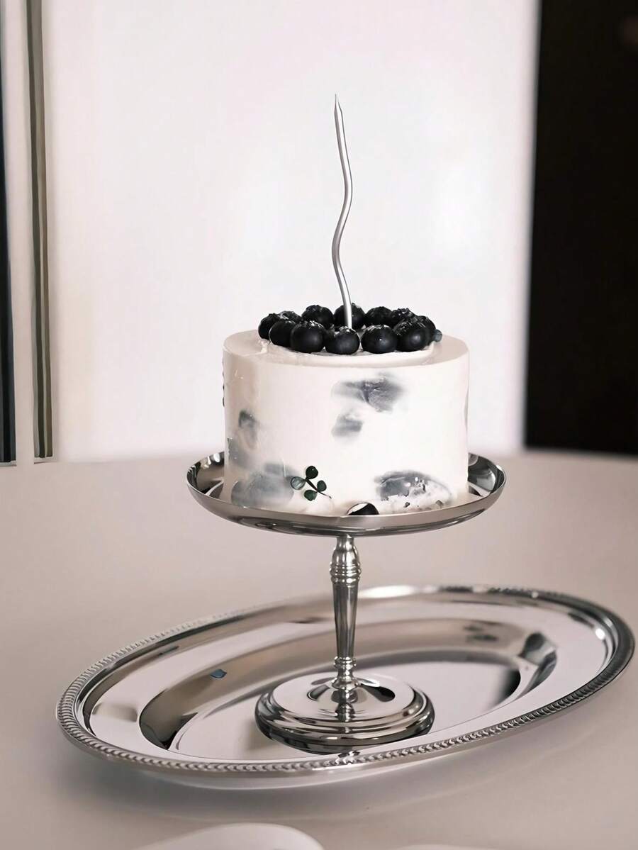 1 Pc Cake Tray, Stainless Steel Silver Dessert Plate, Ice Cream Cup, Home Living Room Dessert Plate, Dessert Display Stand, Birthday Party High-Legged Flat Dessert Plate - Silver - View 1