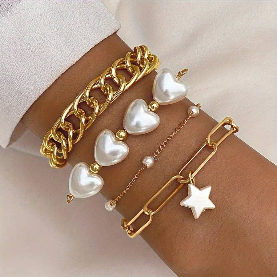 Set de 4 piezas de pulseras de mujer con encantos de corazón y estrella, acento de perla sintética, cadena gruesa de eslabones - Joyería de aleación versátil y elegante para fiestas, de múltiples capas