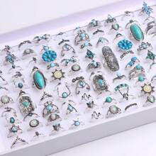 50pcs/Pack Bohemian Vintage Hollow Geometric Crystal Adjustable Rings For Women, Random Styles For Daily, Date, Party, Jewelry Accessory Gift