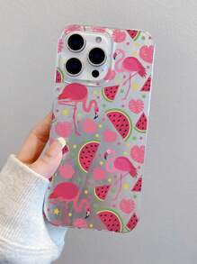 1 pieza Funda de teléfono transparente a prueba de golpes con diseño de sandía y flamenco, material IMD, apta como regalo de vacaciones para iPhone 15, 16 Pro/Pro Max, 14, 15, 16 Plus, resistente a huellas dactilares y arañazos