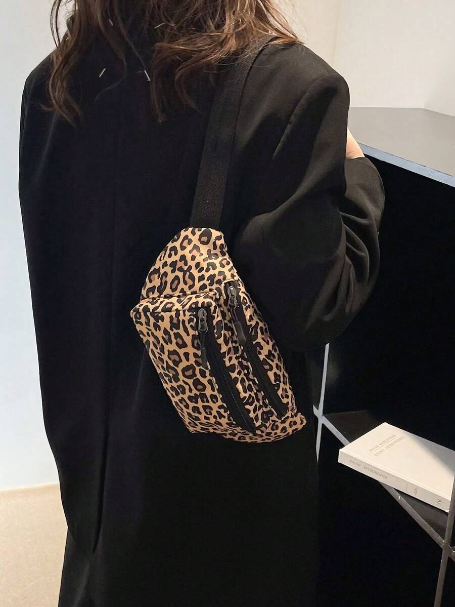 时尚尼龙豹纹腰包，休闲韩版户外运动简约腰包，女士手机零钱包胸包 - 棕色 - 查看 1