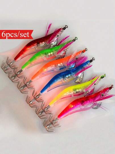 AVLCOAKY 6pcs/Set 10cm/ 12.2g LED Electronic Luminous Shrimp Lure Squid Jig Hook Night Fishing Squid Jigs Lures Bass Bait Fishing Tackle