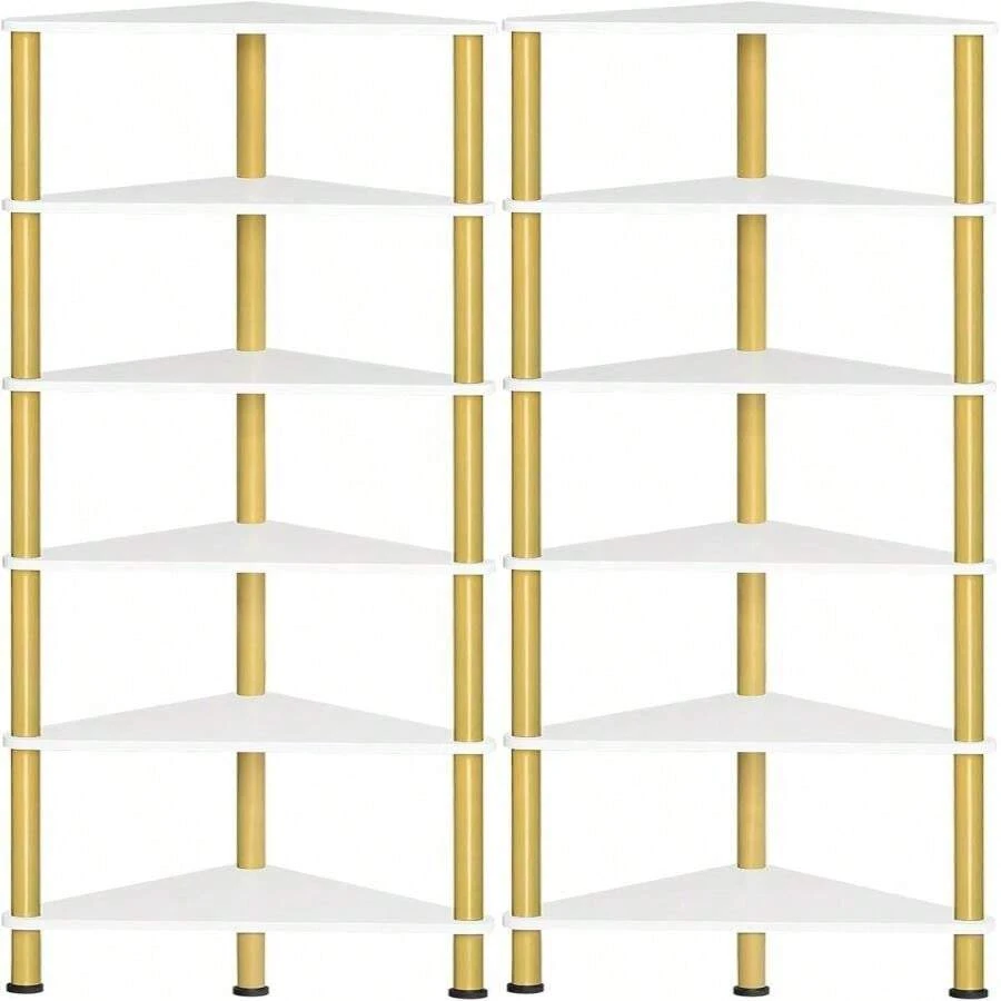 Estantería de esquina HOOBRO, estantería de pared industrial de 5 niveles con marco de metal, estantería para plantas, librería para espacios pequeños, dormitorio, sala de estar, blanco y dorado DW33CJ01 - Blanco + Oro - Ver 1