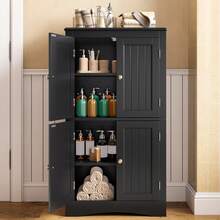 43 "Bathroom Storage Cabinet, Storage Floor Cabinet With Adjustable Shelves And 4 Magnetic Doors, Suitable For Bathroom, Living Room - 黑色 - 查看 3