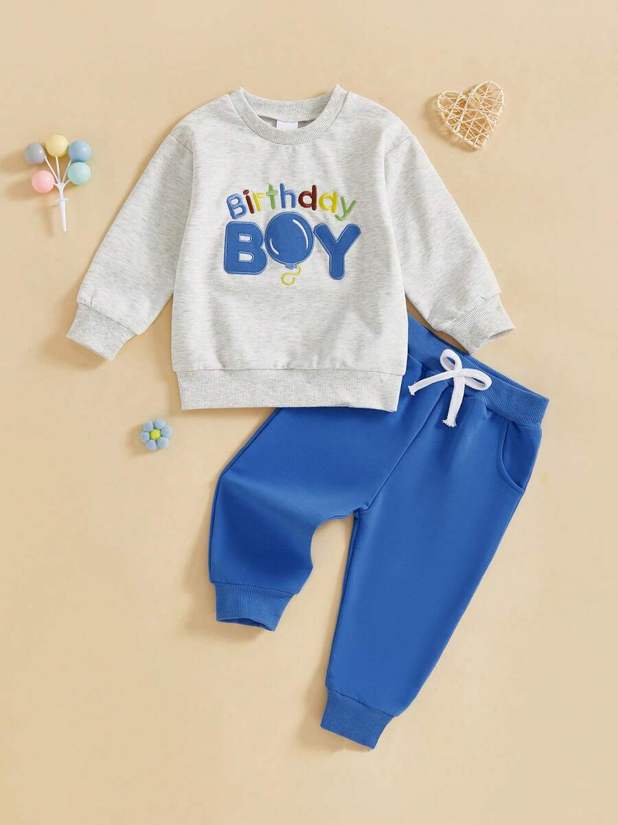 Toddler Boy Birthday Outfit Letter Ballon Embroidery Long Sleeve Pullover Elastic Waist Solid Pants 2Pcs Set - Blue - View 1