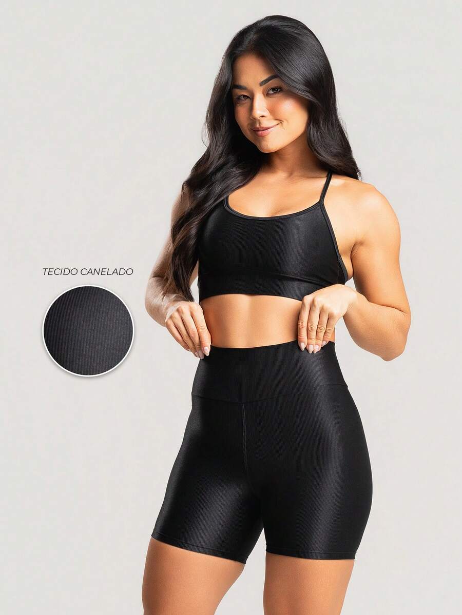 Women's Ribbed Gym Top And Shorts Fitness Set With Premium Shine - Black - View 1