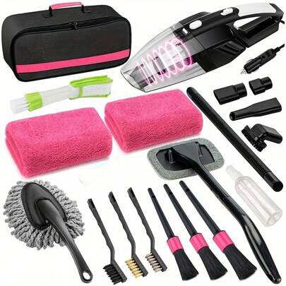 19pcs/Set Car Cleaning Wash Kit Interior Detailing Cleaner Kit With High Power Handheld Vacuum, Brush Set, Windshield Tool, Duster, Towels, Complete Car Care Tool