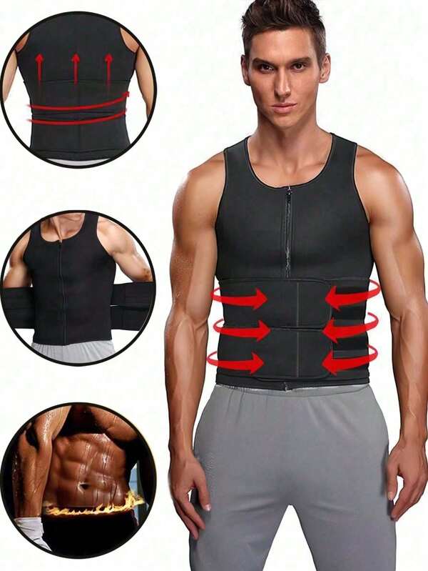 1pc Men's Neoprene Sauna Zip Waist Trainer Vest, Black Sauna Sweat Vest, Men's Shaping Tank Top, Breathable Fitness Vest With Dual Waist Straps, Gym