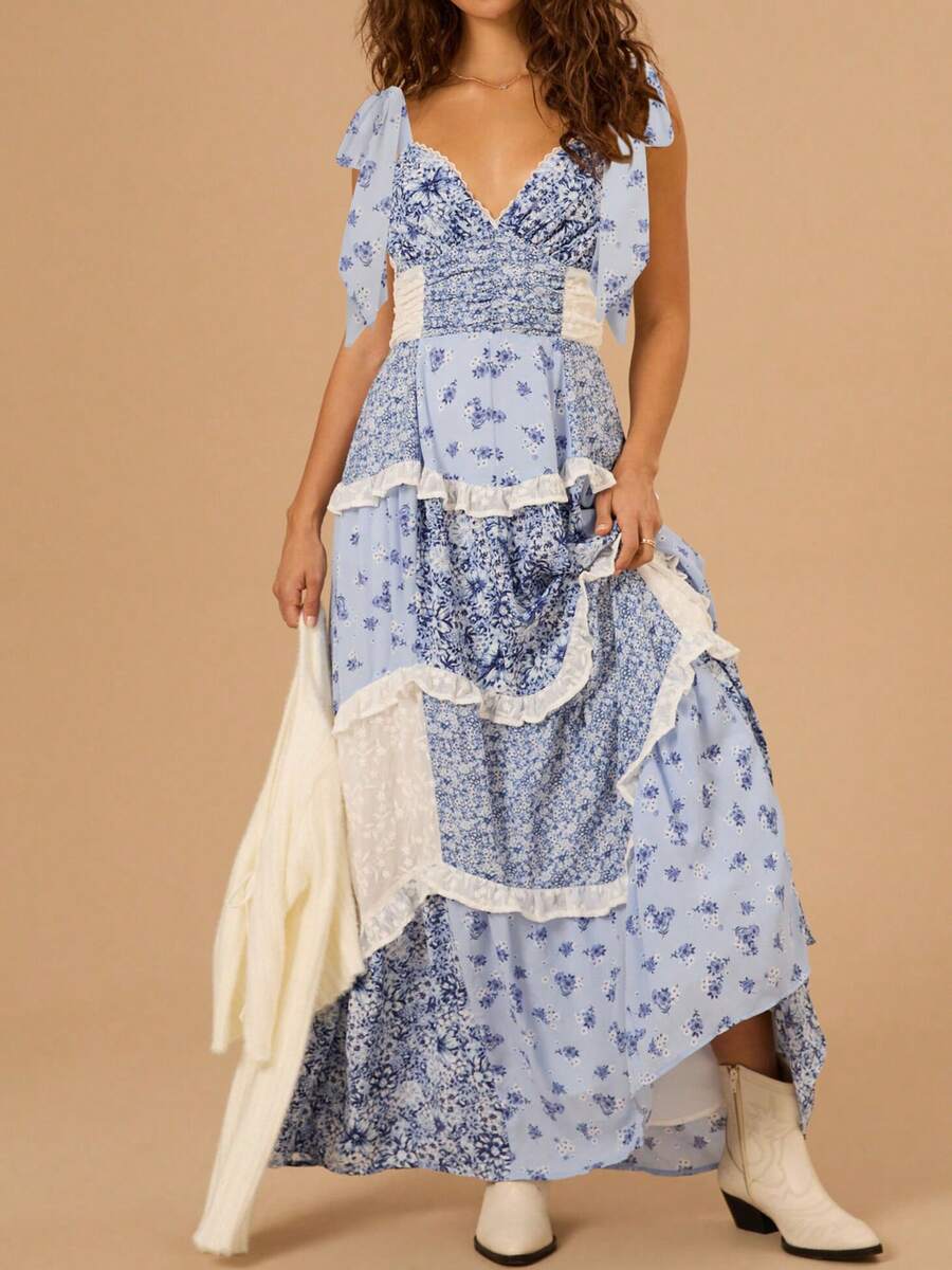 Women's Tie Straps V Neck Floral Print Maxi Dress Sleeveless Lace Patchwork Ruffle Tiered Long Dress Summer Casual Dress - 藍色 - 查看 1