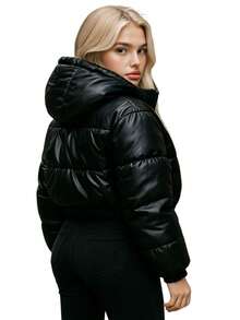 Women's Short Bobojaco Puffer Coat For Cold Winter Simple Casual Zipper Drawstring Pocket - màu đen - Xem 2