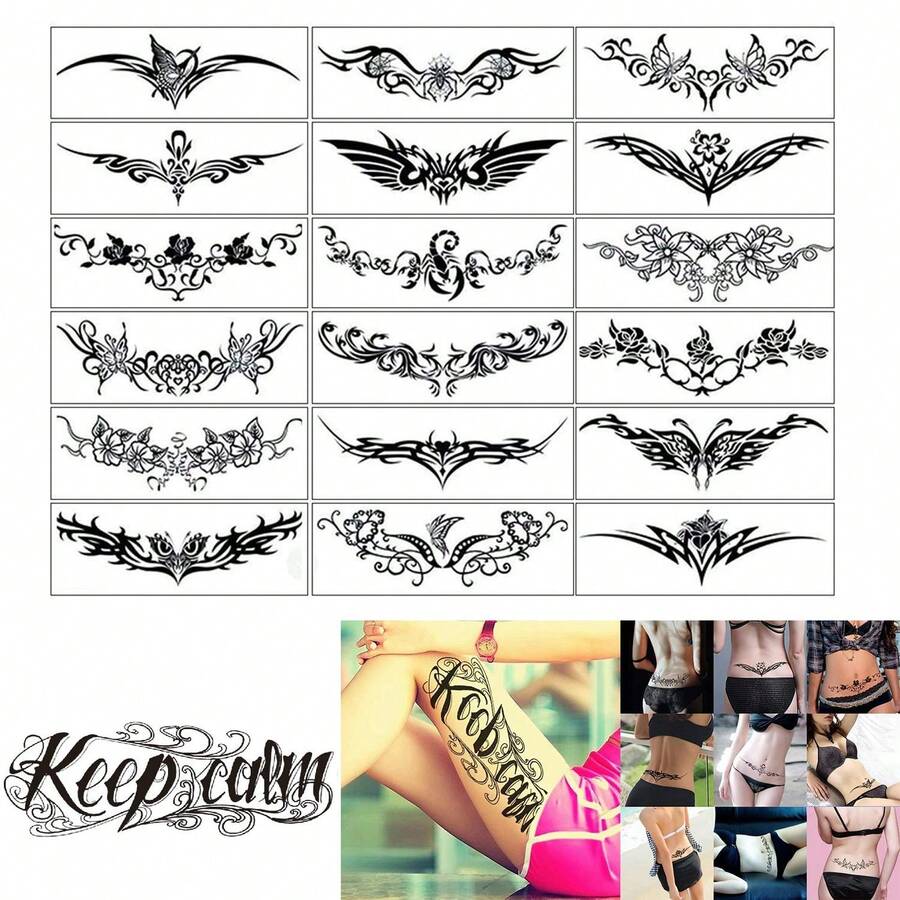 ELANE 19 Sheets Tramp Stamp Temporary Tattoo,Temporary Tramp Stamp Tattoo Stickers Women Grils Men - Black - View 1