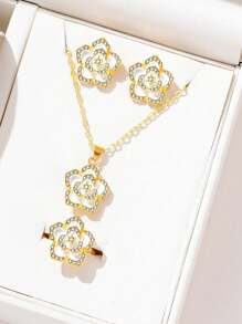 Conjunto de 4 joias de flores da moda com strass, colar de camélia elegante e versátil, brincos e anel adequados para mulheres, uso diário, festas e trajes festivos